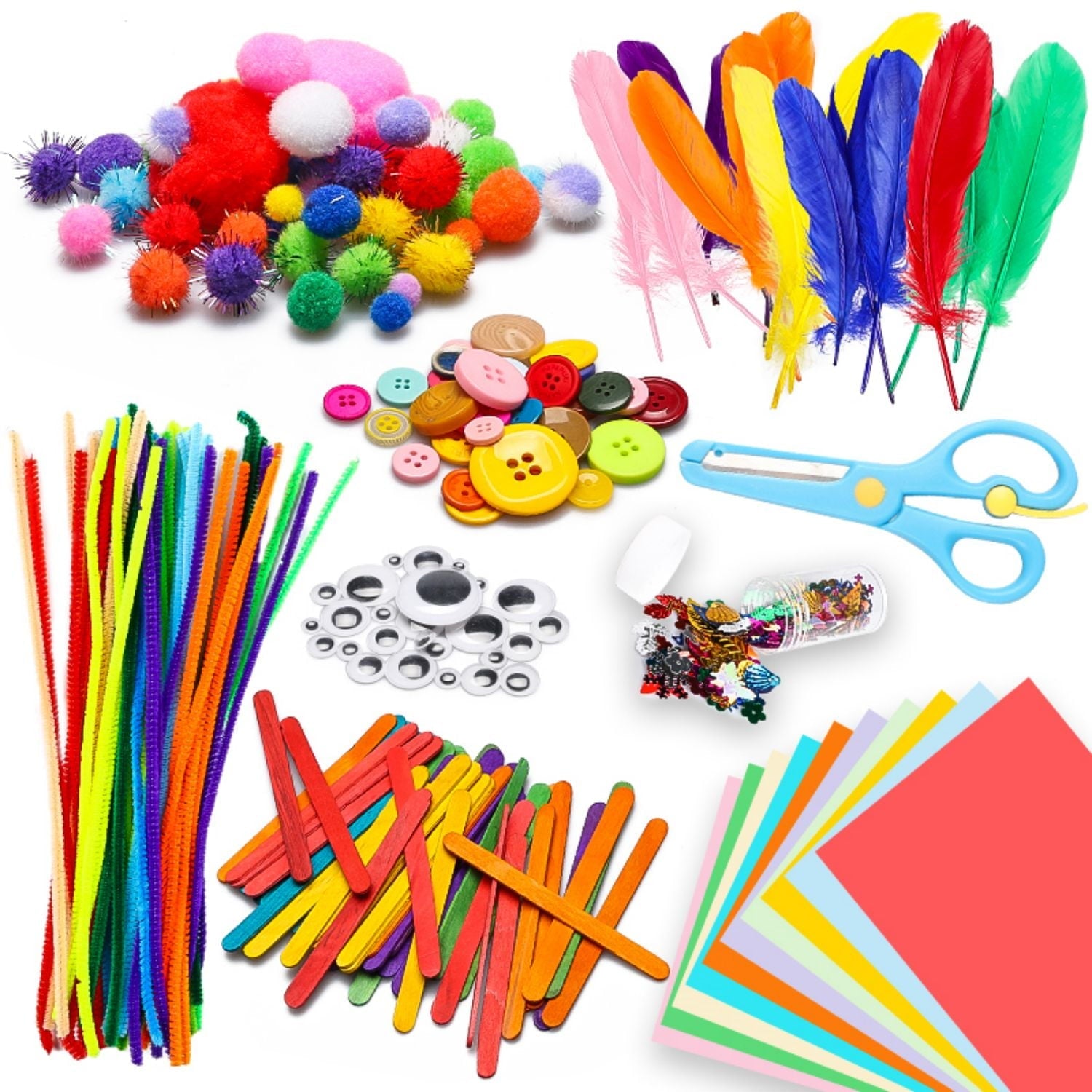 800Pcs DIY Art Craft Kit for Kids Creative Pompoms Pipe Cleaners Feathers Wiggle Googly Eyes Sequins Buttons Colorful Wooden Sticks Colorful Construction Paper School Projects Party Supplies