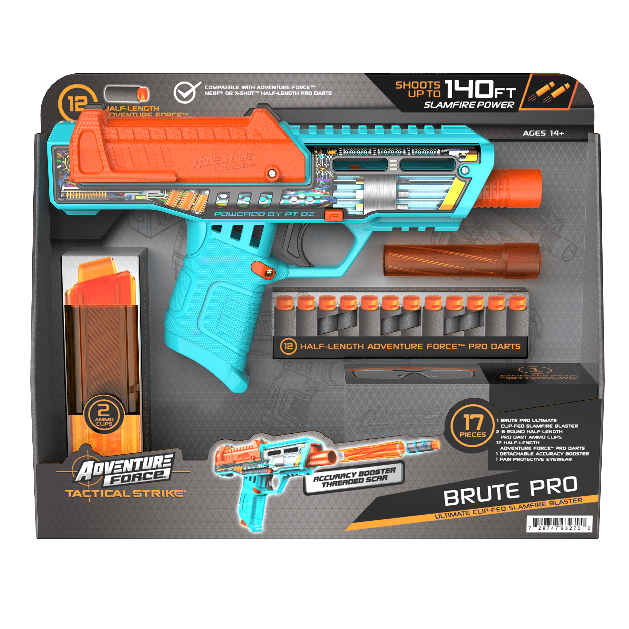 Adventure Force Tactical Strike Brute Pro Ultimate Clip-Fed Slamfire Half-Length Dart Blaster, Shoots up to 145 ft., 17-Piece Pro Blaster Set with Accuracy Booster, 14+