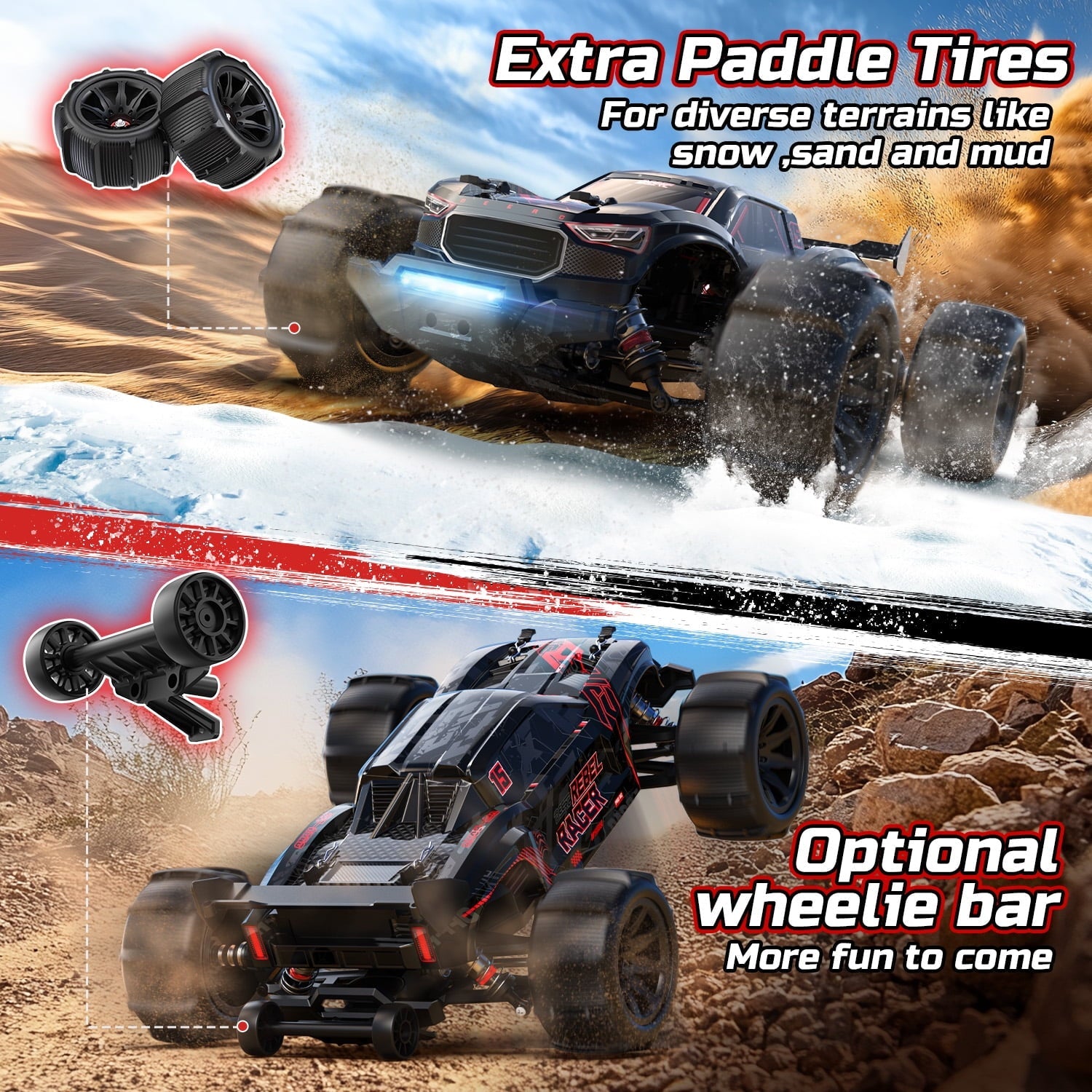 DEERC 1:14 Fast Brushless RC Car for Adults, Max 46+ mph Off-Road Truck, 2 * 3S Lipo 4WD Waterproof, 7 Lighting Modes High Speed Remote Control, All Terrain Truggy for Snow, Sand & Mud