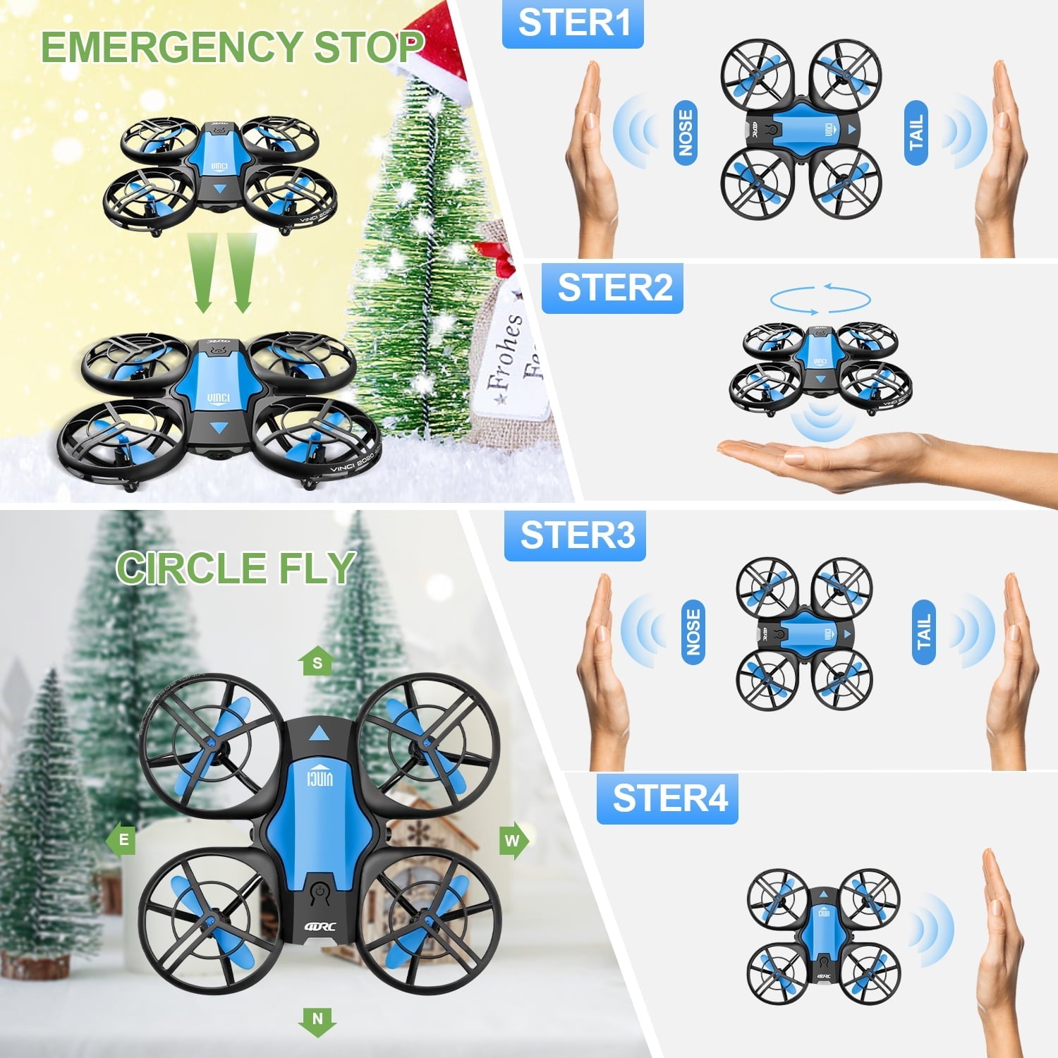 4DRC V8 Mini Drone, Suitable for Children and Beginners, 3 Batteries and Storage Bag， Height Hold, Headless Mode, 3D Flip and Auto Hover, Blue