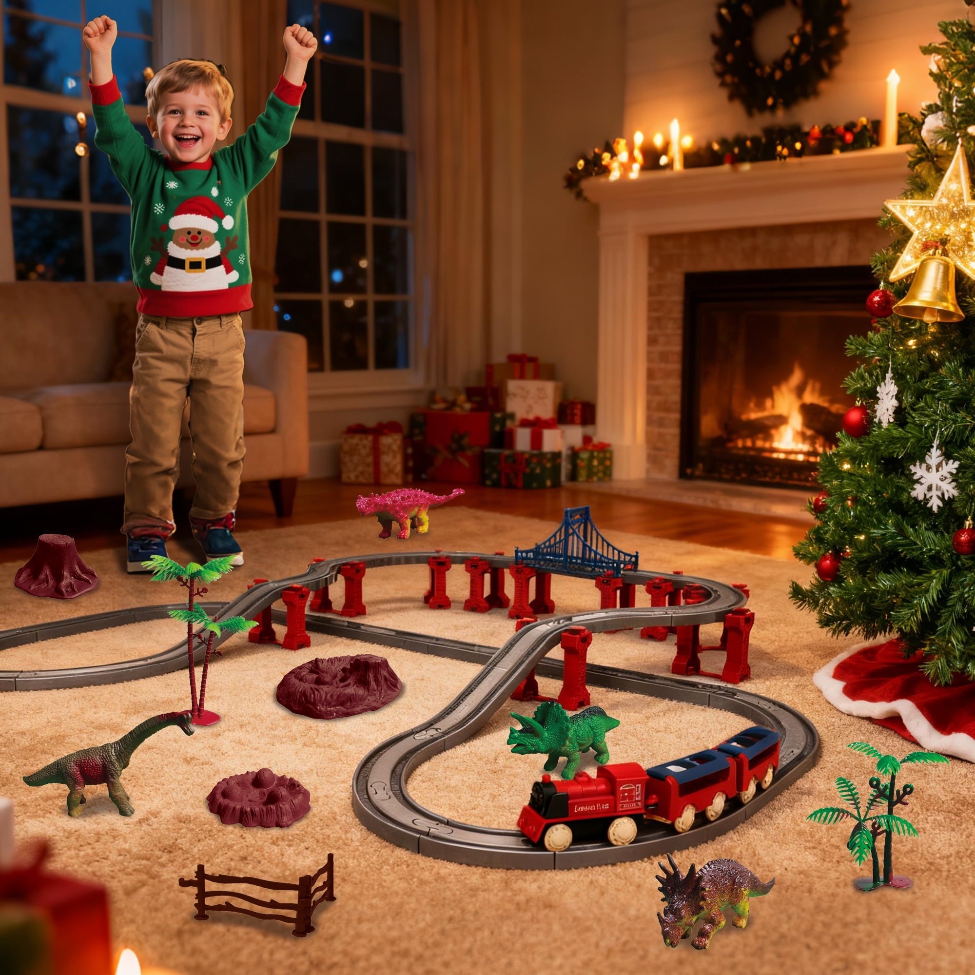 Dinosaur Train Set - Electric Train Toys For Kids With Dinosaur Figures & Play Mat, Large Train Track With Bridge, Toy Model Train For Toddlers