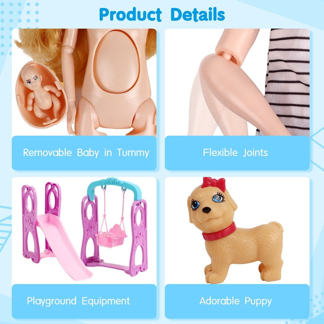 6 People Family Dolls Set with Pregnant Mom Dad 3 Kids Baby Boy in Mommy's Tummy, Toddler Kids Toy Gift Dolls of Happy Family Doll Members Parents & Children with Slide Dog