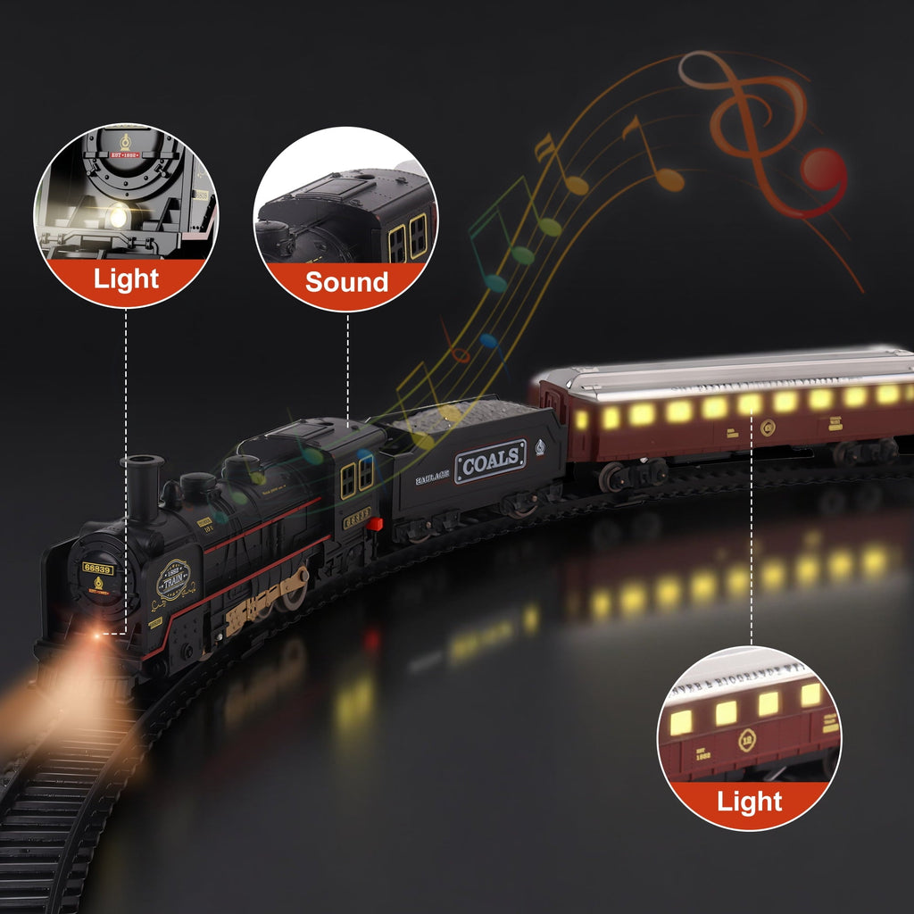 Classic Model Train Set w/ Light & Sound, Train Toy with Locomotive, Cargo Cars & Tracks, Birthday Gift for Boys and Girls