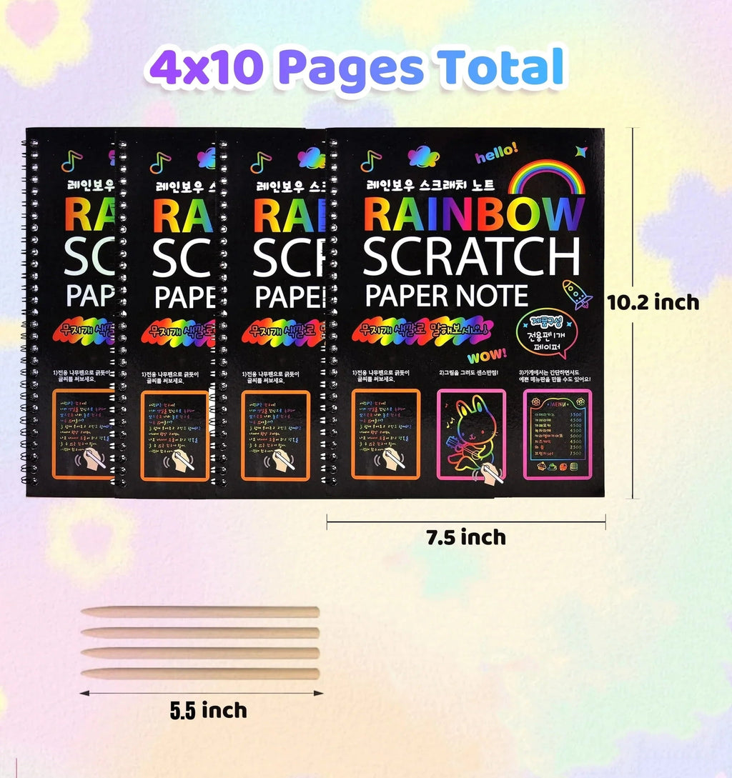 BSHAPPLUS® 4 Pack Rainbow Scratch Art Notebooks,Magic Scratch off Paper Notebook Set for Kids Art and Craft Activity Book Black Sketch Doodle Pads with Drawing Stick for Party Favor Game Gift
