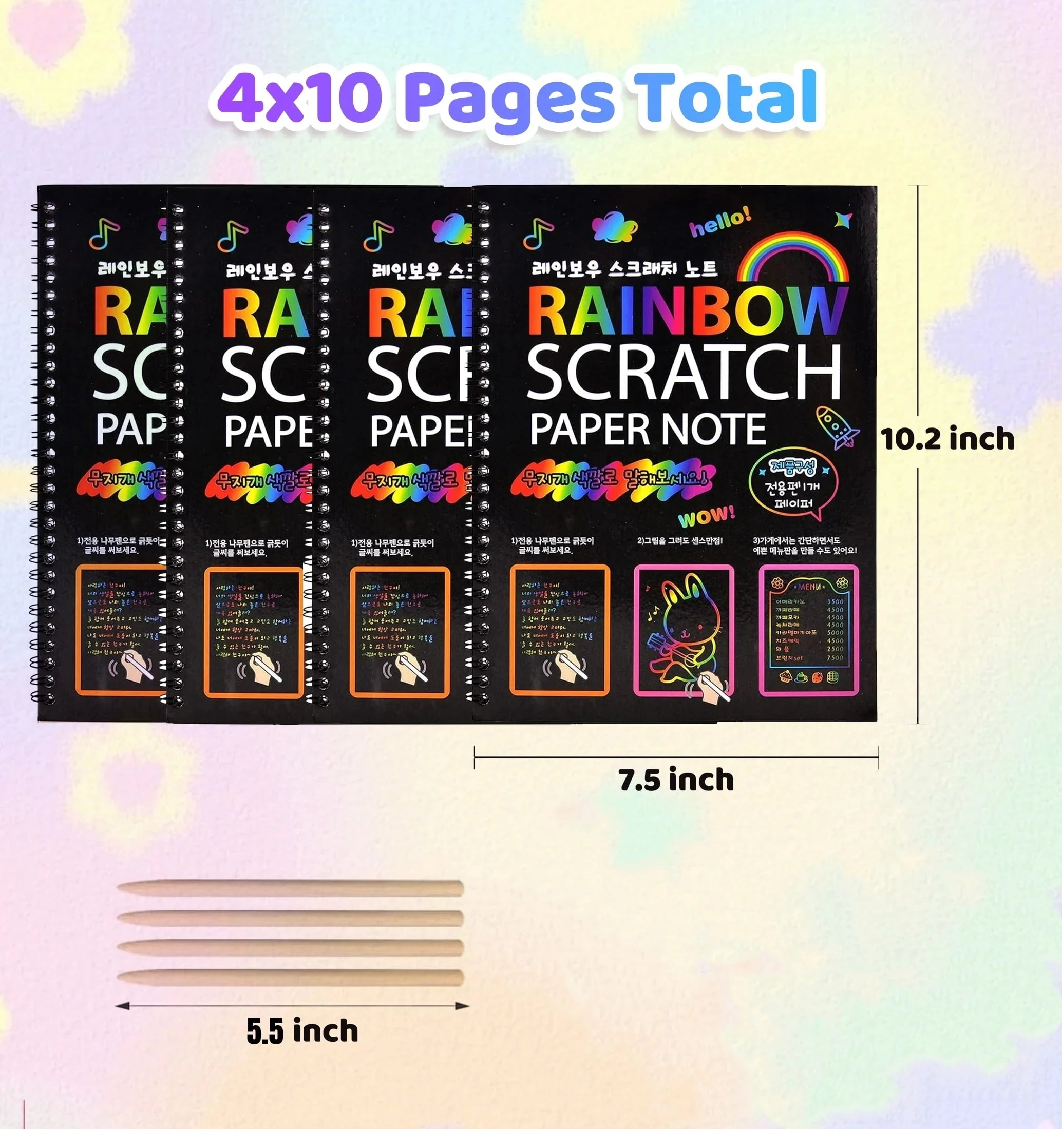 BSHAPPLUS® 4 Pack Rainbow Scratch Art Notebooks,Magic Scratch off Paper Notebook Set for Kids Art and Craft Activity Book Black Sketch Doodle Pads with Drawing Stick for Party Favor Game Gift
