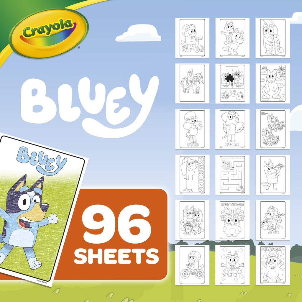 Crayola Bluey Coloring Book with Sticker Sheet, 96 Pgs, Arts and Crafts, Travel Activity, Bluey Gift for Toddlers, Ages 3+