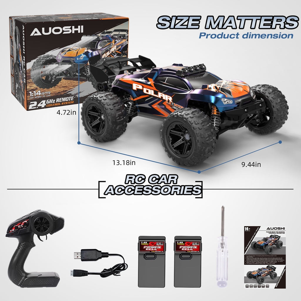 AUOSHI 1:14 Fast RC Toy Car,40+MPH Remote Control Off-Road Truck with Full Metal Drivetrain, 4WD All-Terrain, 2 Batteries, 70 Min Runtime, LED Lights, Waterproof – Great Gift for Kids, Teens & Adults