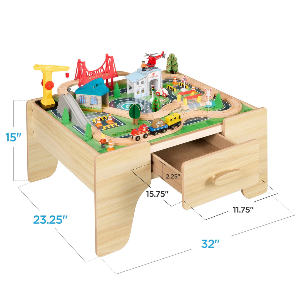 Best Choice Products Wooden Train Set Table for kids, 56pc Multi-Activity Table for Kids w/Toy Storage Drawer & Reversible Top - Natural