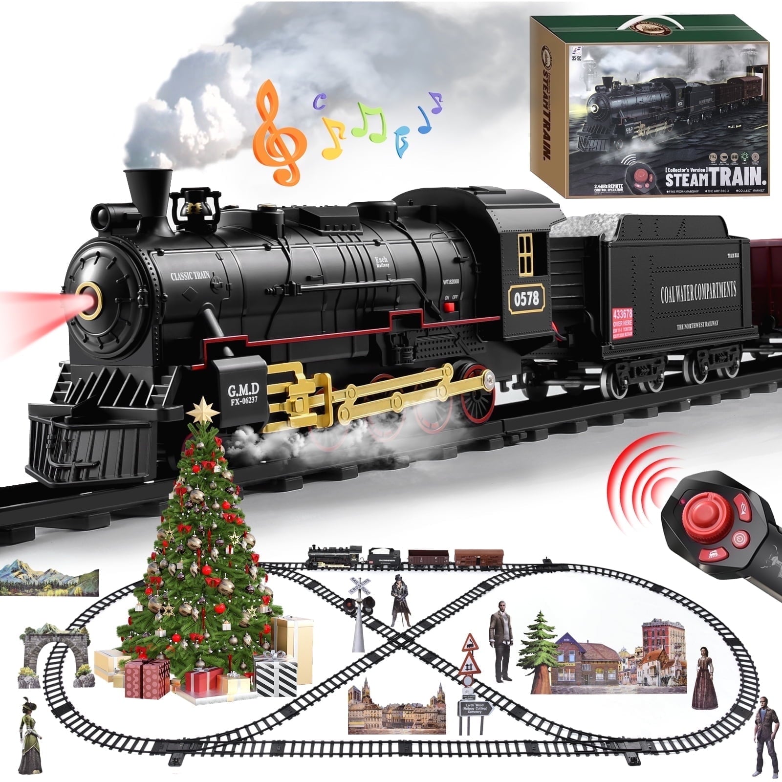 Adoonk Remote Control Train Set , with Steam Engine Realistic Smoke Sounds Lights 21-Piece ,Train Toy Gifts for Kids Ages 4-8