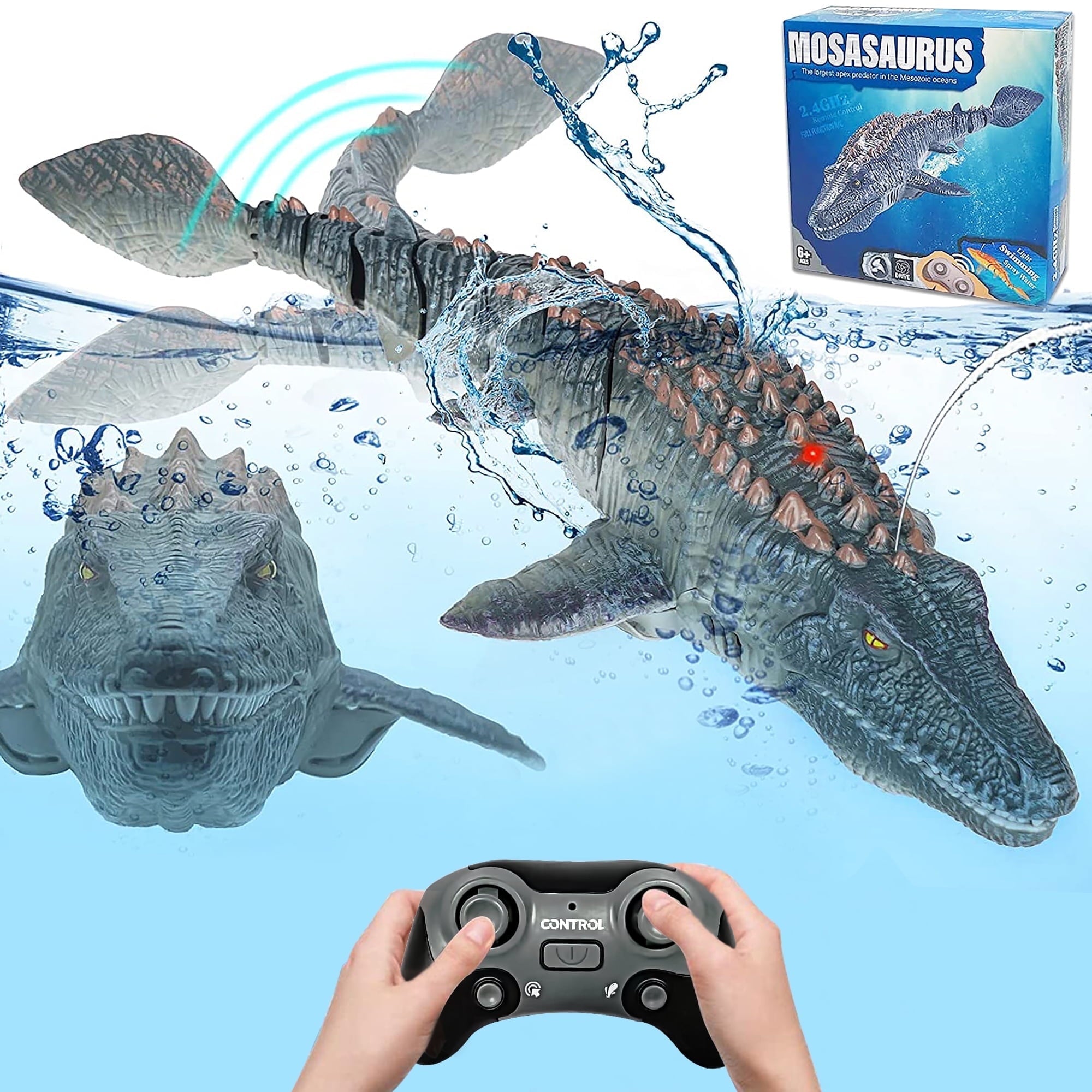 Adofi Remote Control Mosasaurus Dinosaur Toys for Kids, RC Boat Diving Dinosaurs Toys