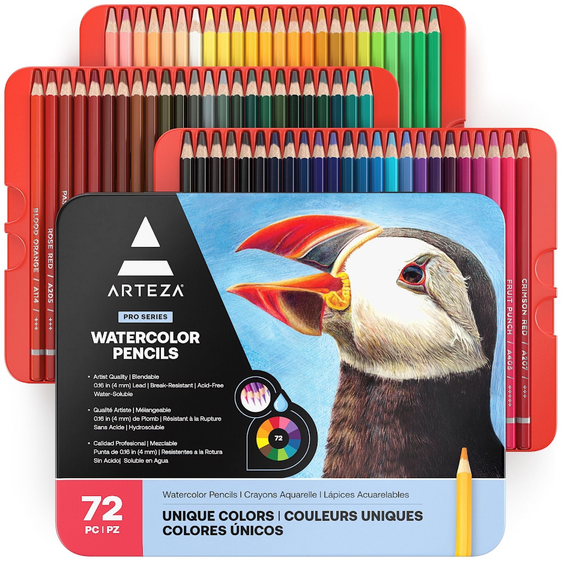 Arteza Professional Watercolor Pencils, Assorted Colors, Coloring Set for Adult Artists, Non-Toxic - 72 Pack