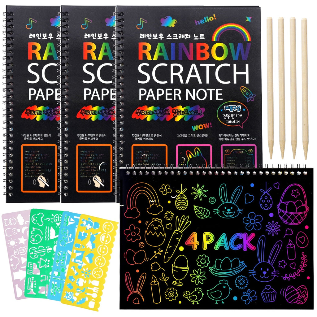 BSHAPPLUS® 4 Pack Rainbow Scratch Art Notebooks,Magic Scratch off Paper Notebook Set for Kids Art and Craft Activity Book Black Sketch Doodle Pads with Drawing Stick for Party Favor Game Gift