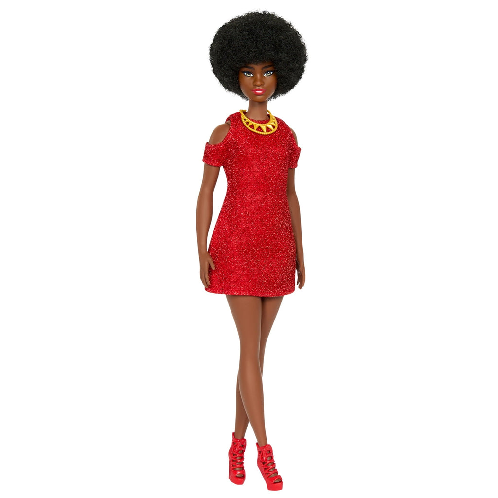 Barbie Fashionistas Doll #221 with Natural Black Hair, Red Dress & Accessories, 65th Anniversary