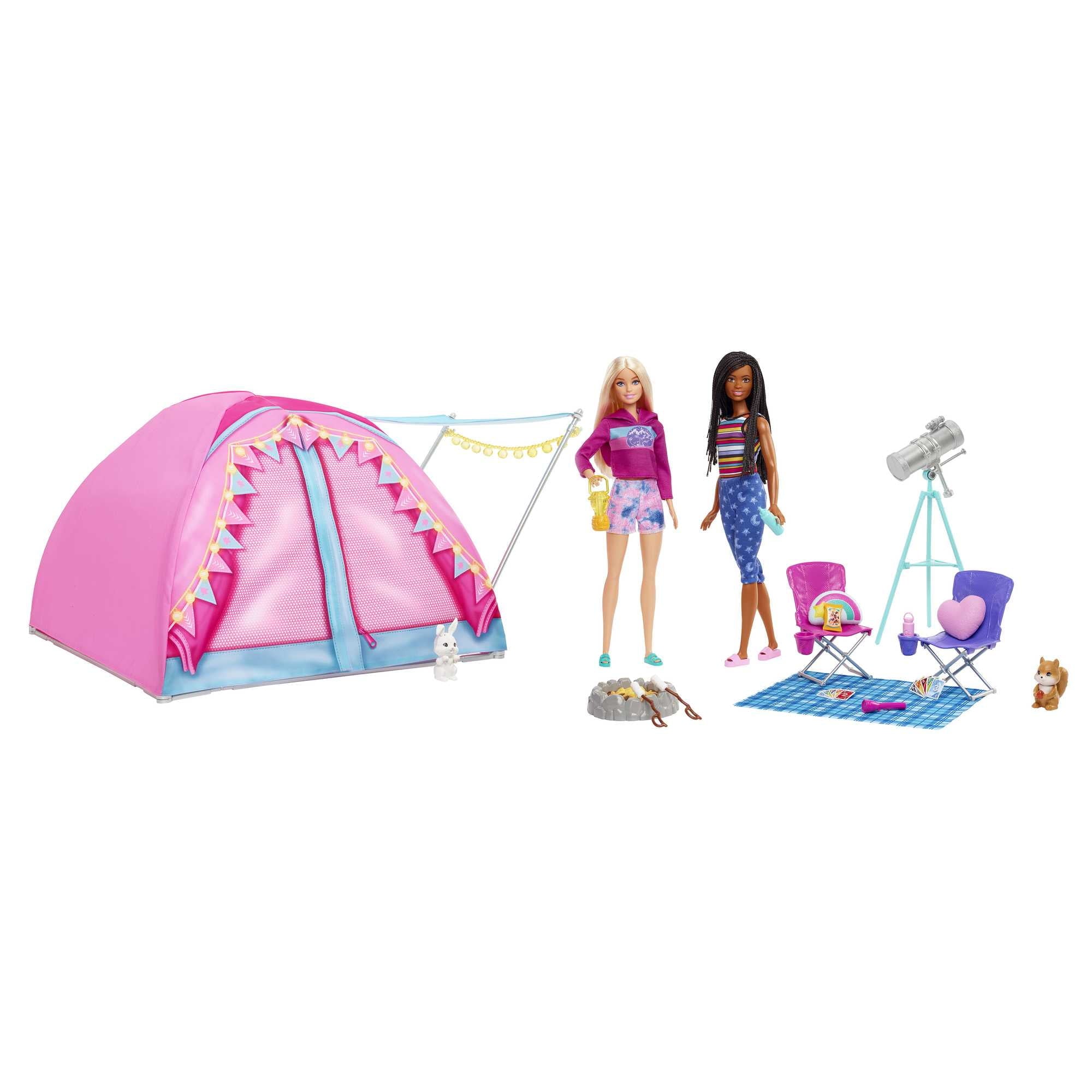 Barbie It Takes Two Let's Go Camping Tent Playset with Brooklyn & Malibu Dolls & 20 Accessories