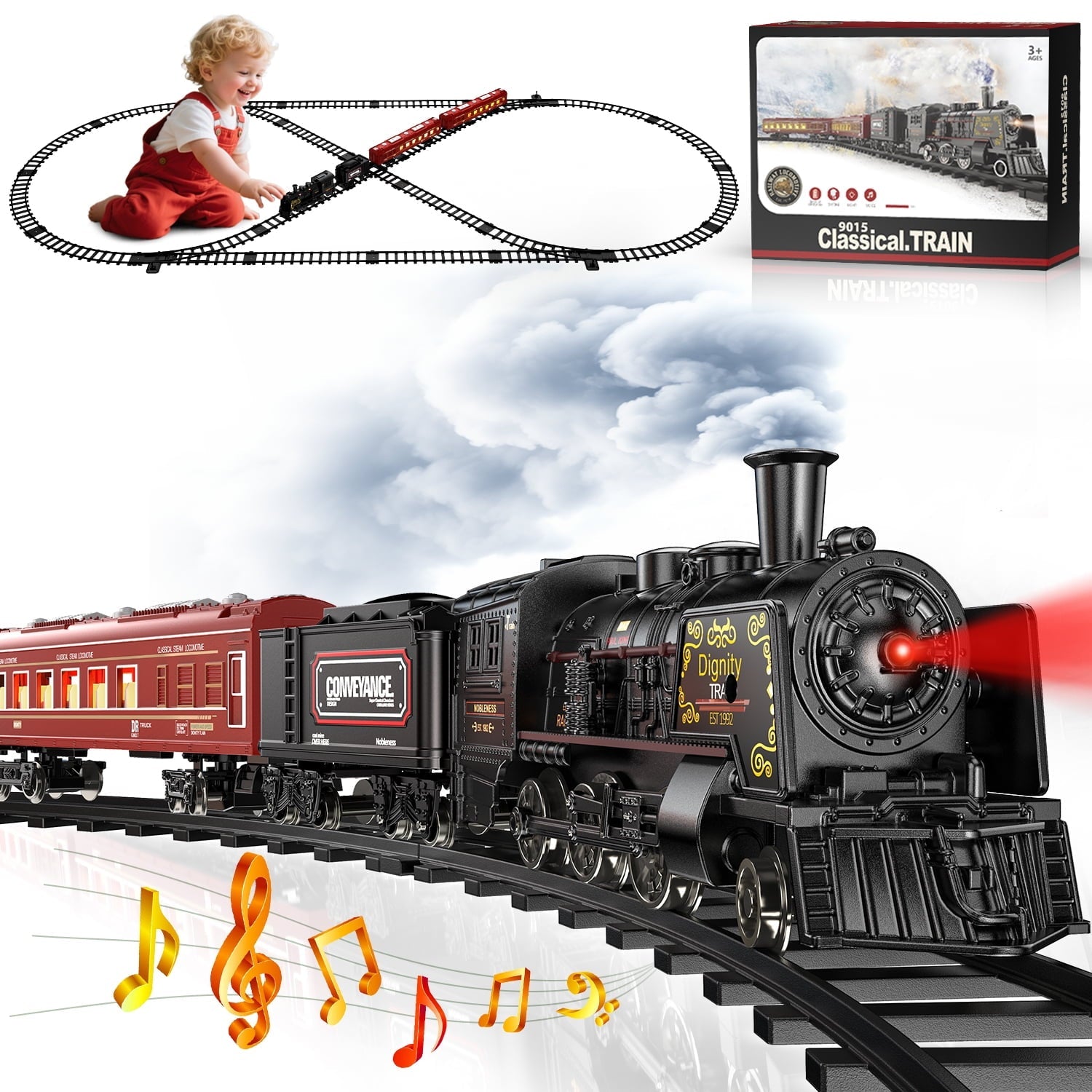 Beefunni Christmas Train Set, Boys Battery Operated Metal Alloy Electric Train Toys with Smoke, Sounds & Lights, Christmas Gifts for Kids 3-12 Years Old