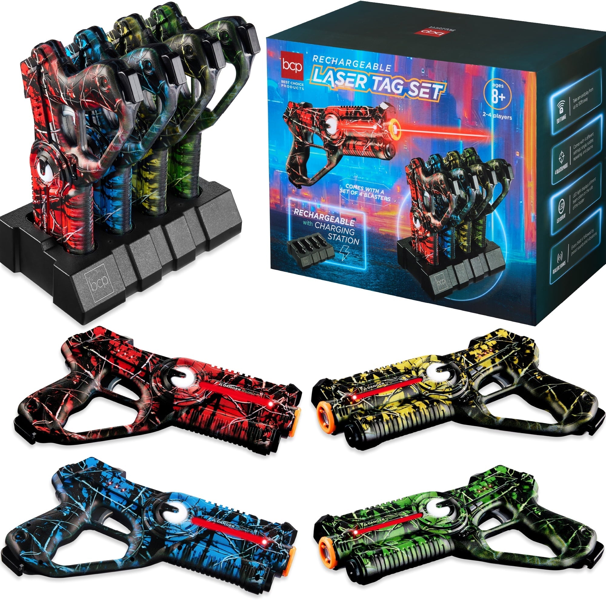 Best Choice Products Set of 4 Rechargeable Laser Tag Blasters, No Vests w/ Docking - Graffiti Red/Blue/Green/Yellow