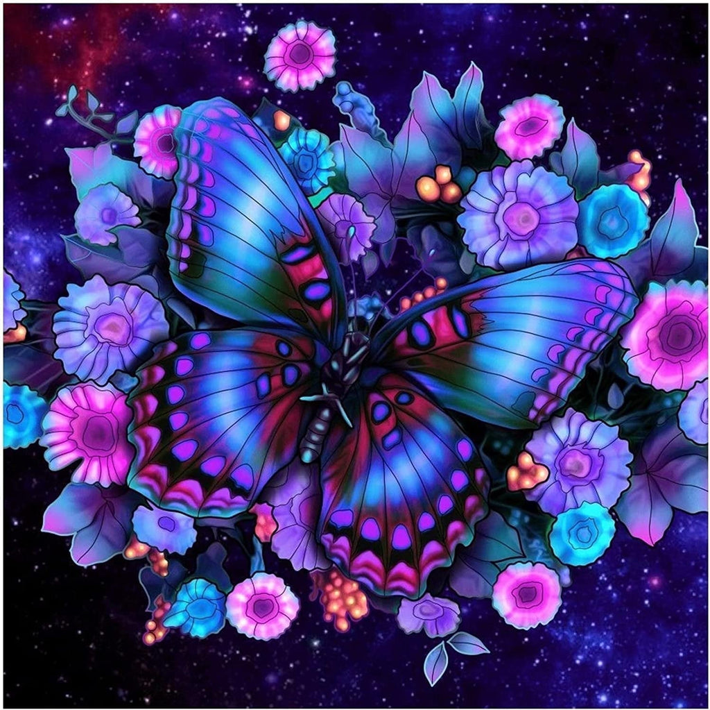 Butterfly Diamond Art Kits for Adults Beginners 5D Full Drill Round Purple Flowers Diamond Art for Home Decor 11.8x11.8 inch