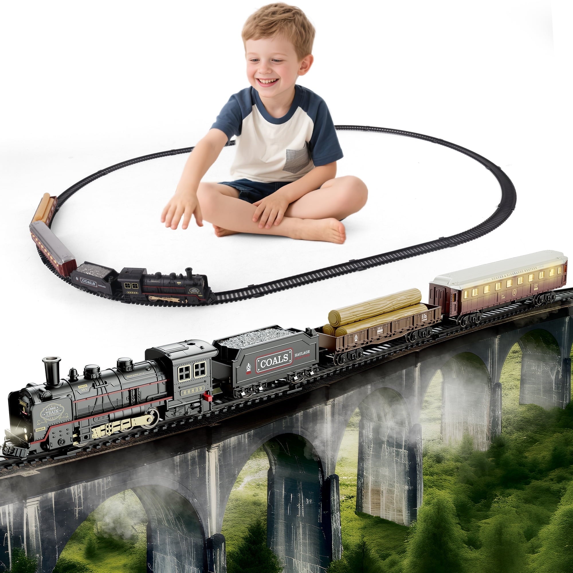 Classic Model Train Set w/ Light & Sound, Train Toy with Locomotive, Cargo Cars & Tracks, Birthday Gift for Boys and Girls