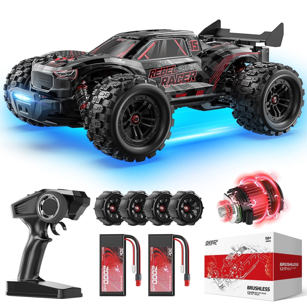DEERC 1:14 Fast Brushless RC Car for Adults, Max 46+ mph Off-Road Truck, 2 * 3S Lipo 4WD Waterproof, 7 Lighting Modes High Speed Remote Control, All Terrain Truggy for Snow, Sand & Mud