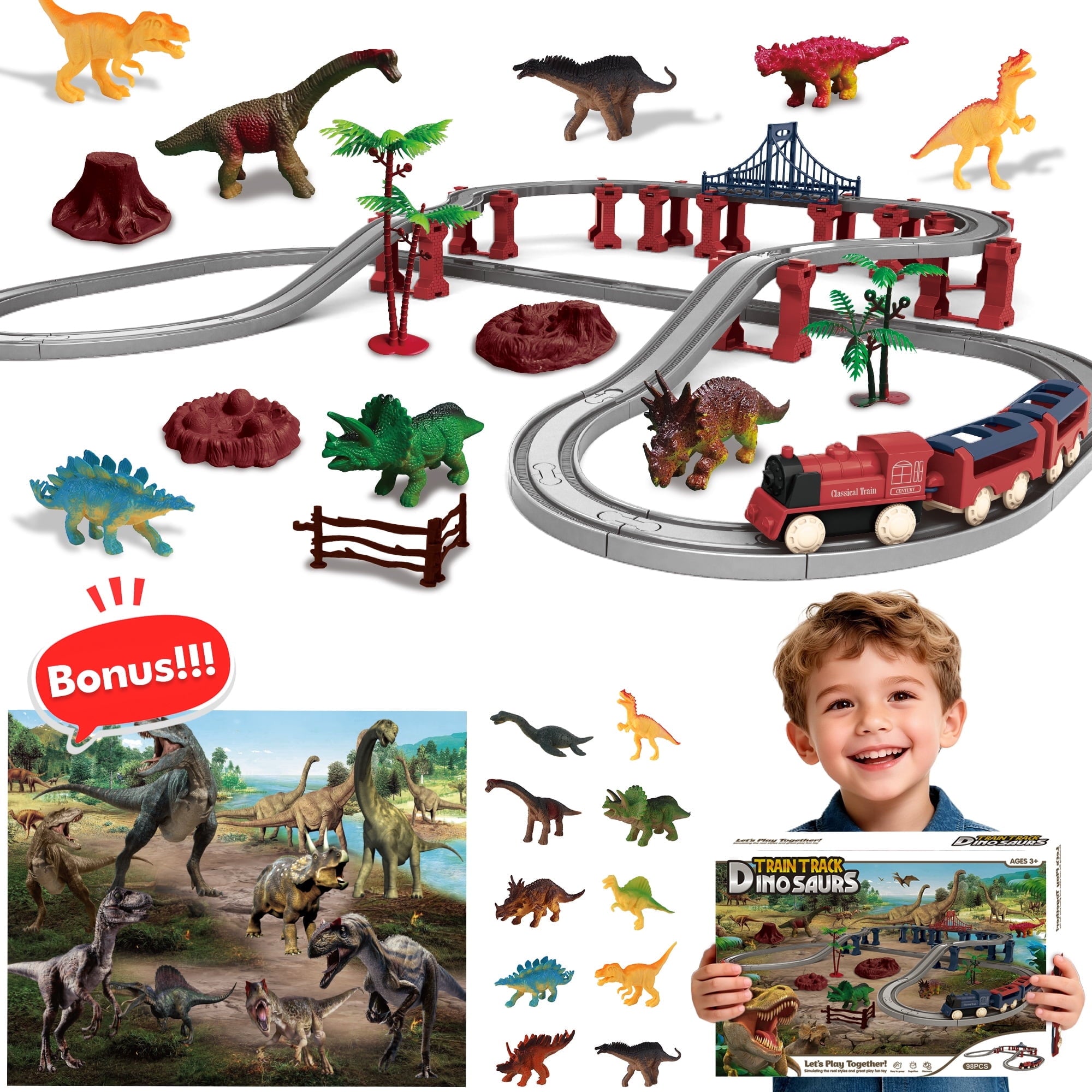 Dinosaur Train Set - Electric Train Toys For Kids With Dinosaur Figures & Play Mat, Large Train Track With Bridge, Toy Model Train For Toddlers