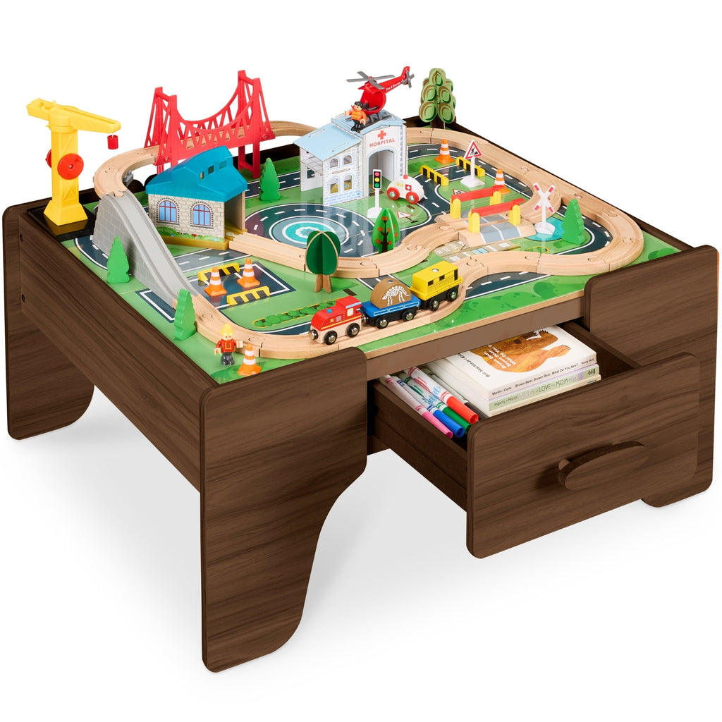 Best Choice Products Wooden Train Set Table for kids, 56pc Multi-Activity Table for Kids w/Toy Storage Drawer & Reversible Top - Walnut