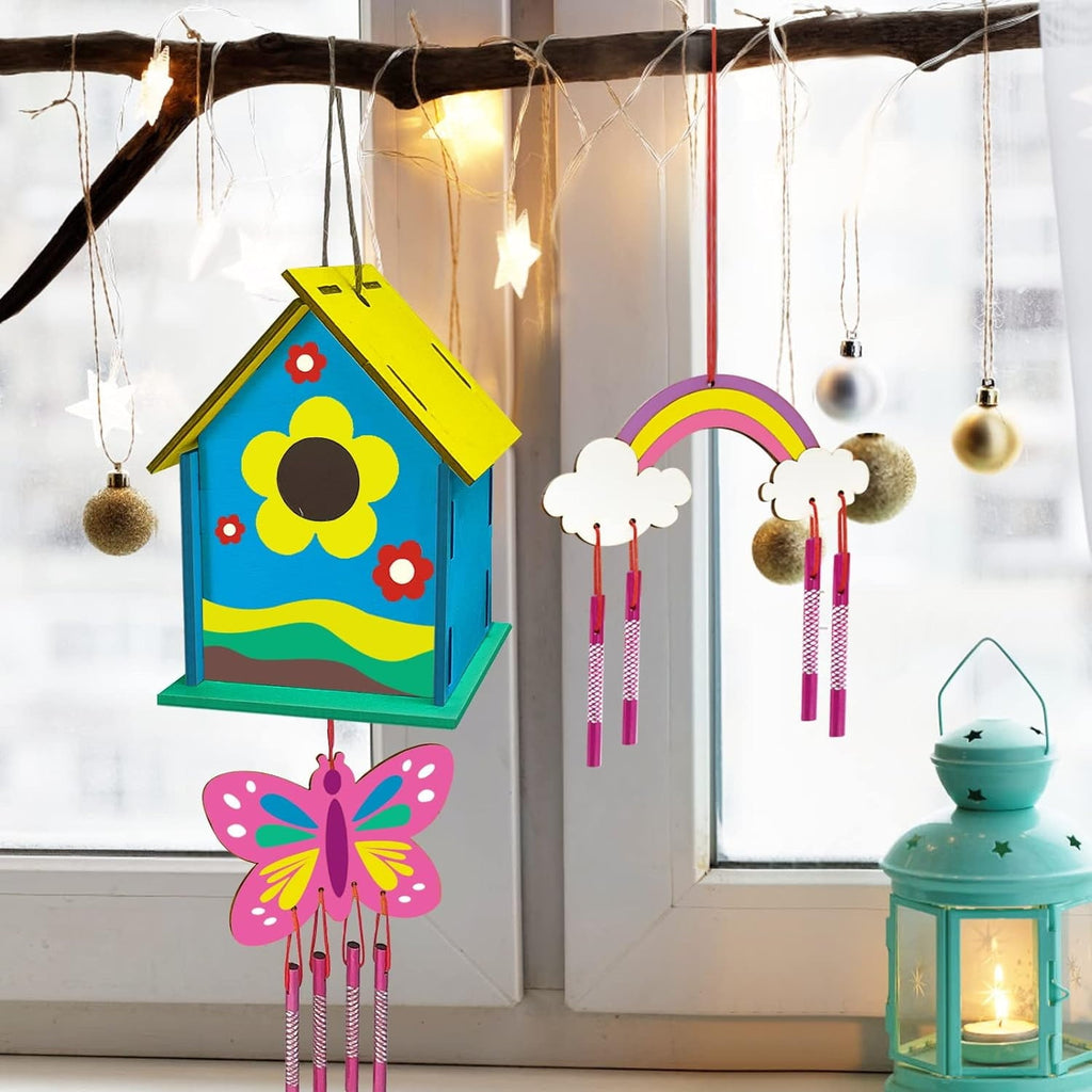 2 Set Diy Bird House Wind Chime Kits, Birdhouse Kit Crafts for Kids Ages 4-12, Build and Paint Birdhouses Wooden Arts Craft, Outdoor Toys, Ideal Birthday, Children's Day Gifts
