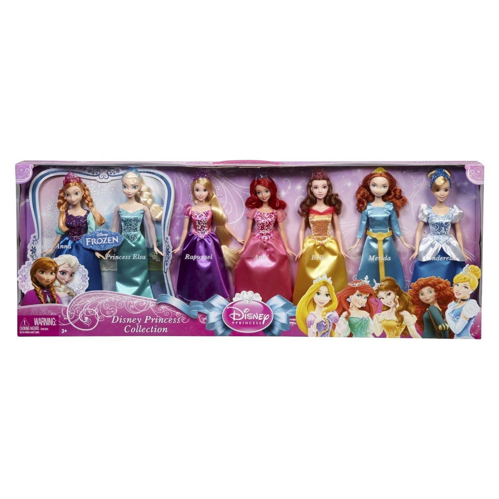7 Princess Doll Collection Set, 11 Inches Each, Sparkling Outfits & Brushable Hair, Toddler Toys 3+, Gift-Ready with Handle