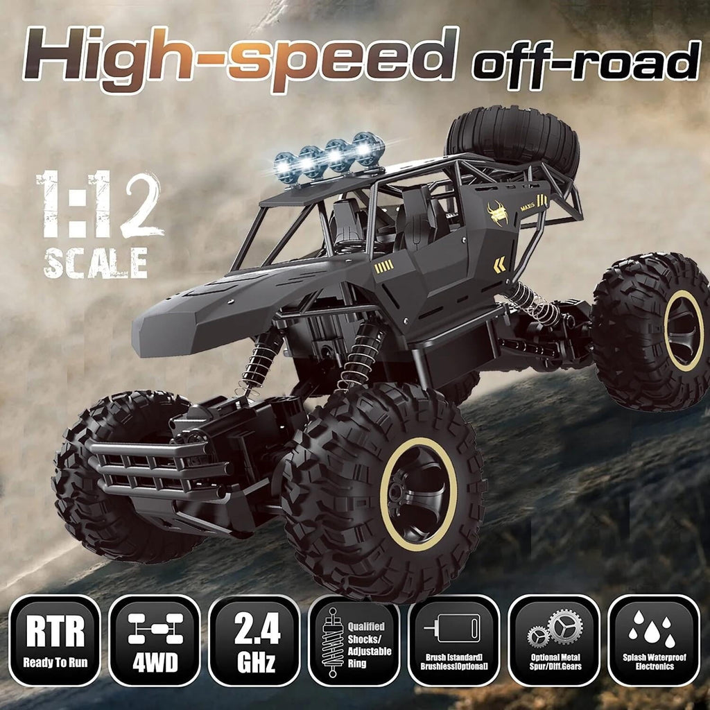 4DRC 1:12 Rc Car,off Road Truck Remote Control Car Metal Shell 2.4G 4WD Dual Motors, with 2 Batteries Black