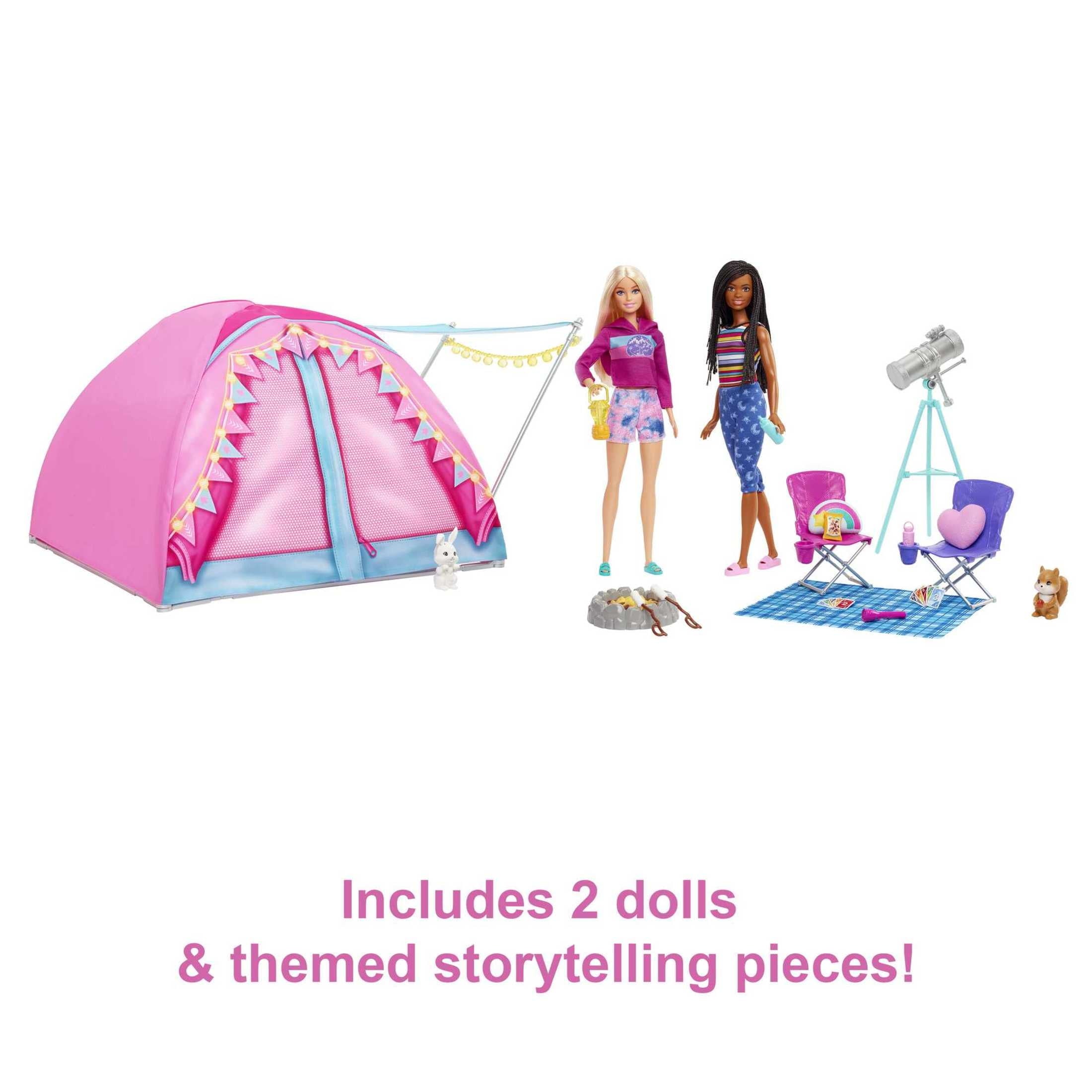 Barbie It Takes Two Let's Go Camping Tent Playset with Brooklyn & Malibu Dolls & 20 Accessories