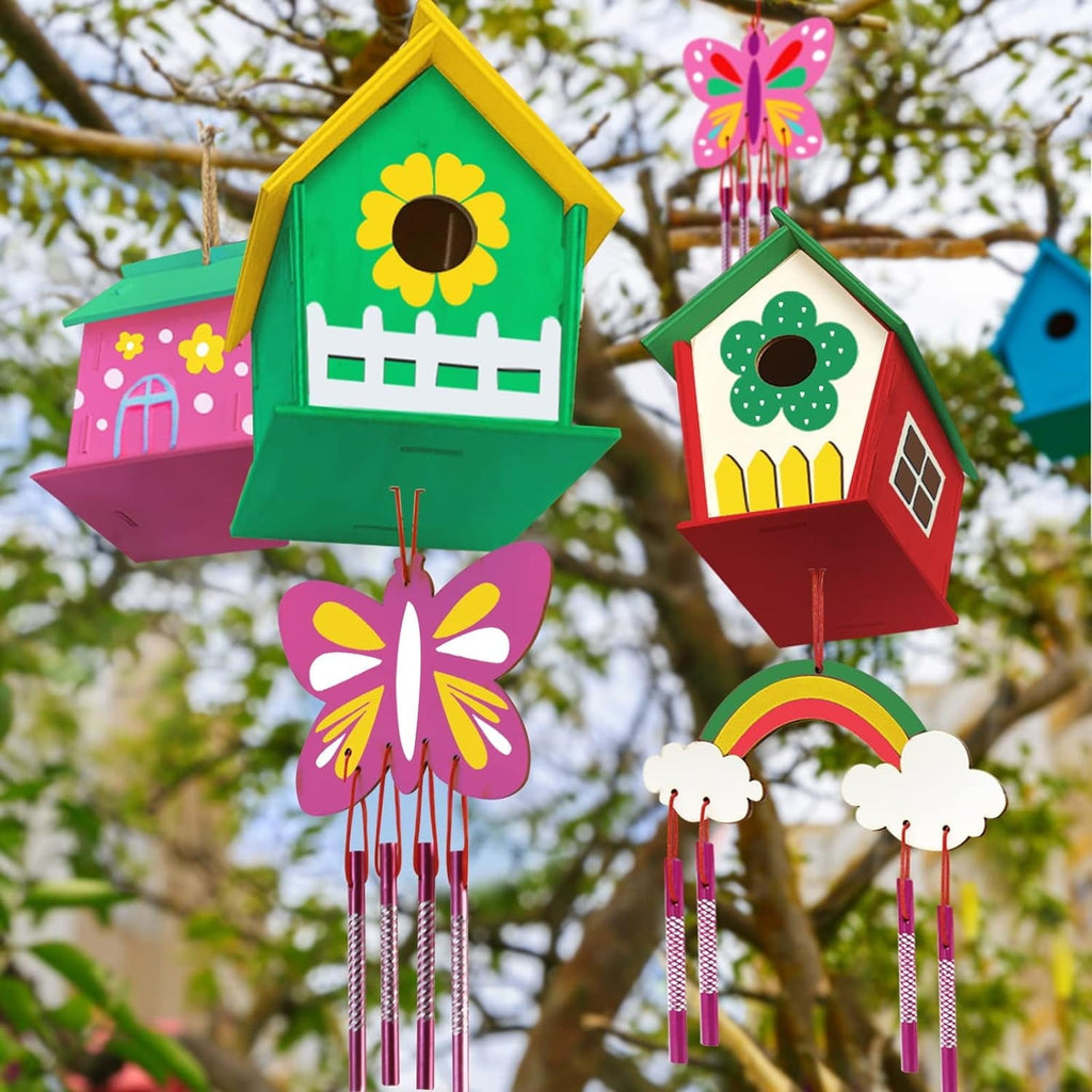 2 Set Diy Bird House Wind Chime Kits, Birdhouse Kit Crafts for Kids Ages 4-12, Build and Paint Birdhouses Wooden Arts Craft, Outdoor Toys, Ideal Birthday, Children's Day Gifts