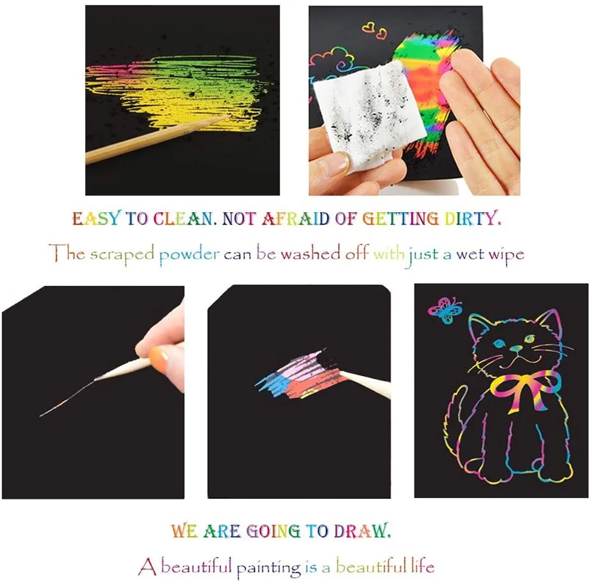 BSHAPPLUS® 4 Pack Rainbow Scratch Art Notebooks,Magic Scratch off Paper Notebook Set for Kids Art and Craft Activity Book Black Sketch Doodle Pads with Drawing Stick for Party Favor Game Gift