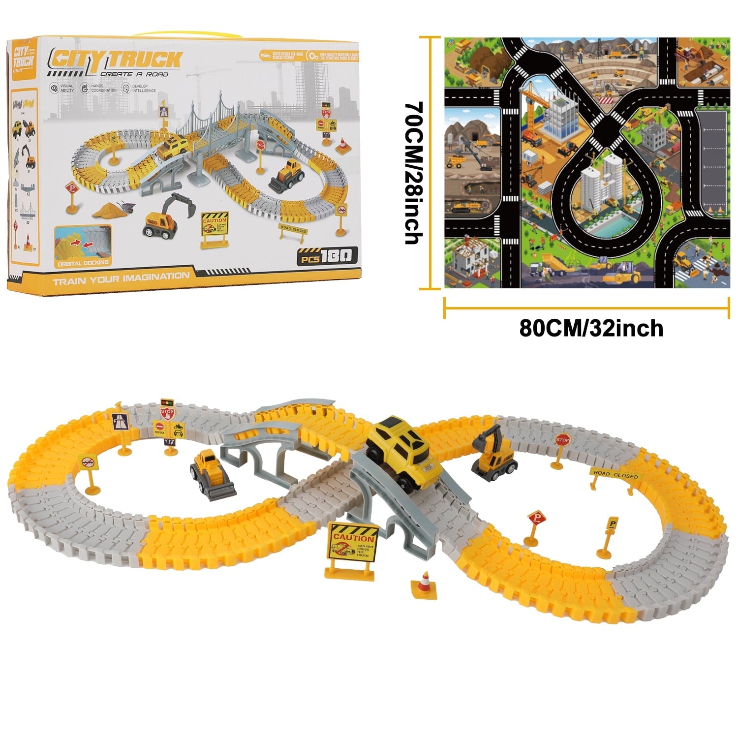 Anpro 180PCS Construction Toys Race Track Set for Kids, DIY Flexible Track Playset with Engineering Cars and Playmat, Create a Engineering Road Games Gift Toys for Age 3+ Boys