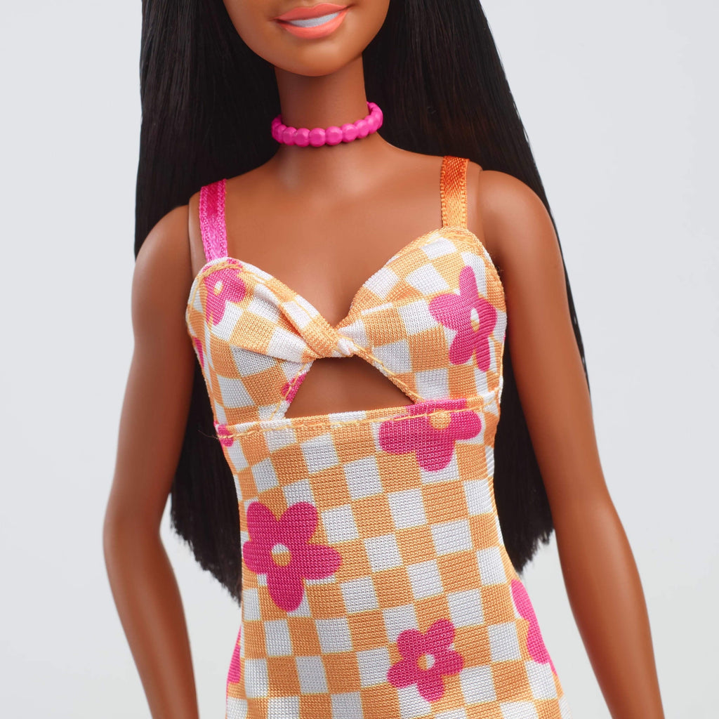 Barbie Fashionistas Doll #233 with Black Hair in Checkered Flower Midi Dress, Necklace and Sandals