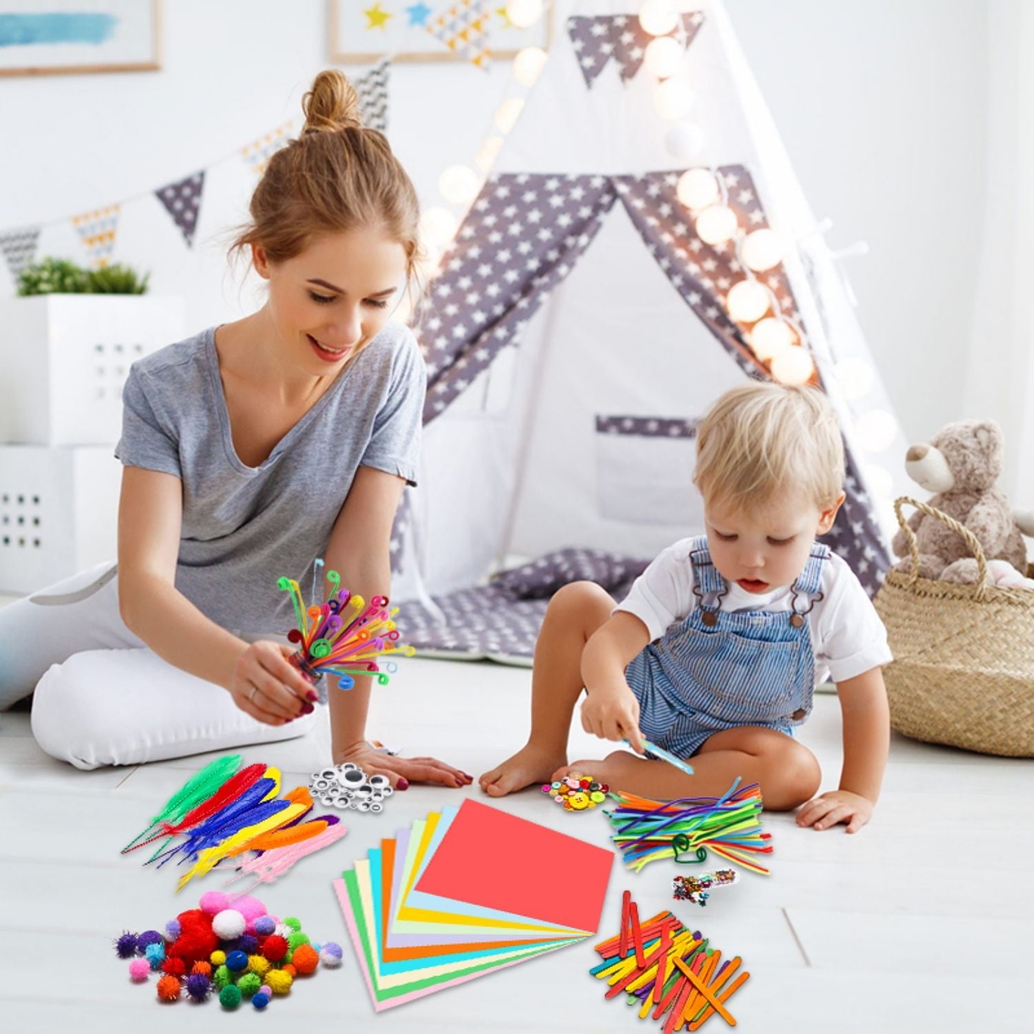 800Pcs DIY Art Craft Kit for Kids Creative Pompoms Pipe Cleaners Feathers Wiggle Googly Eyes Sequins Buttons Colorful Wooden Sticks Colorful Construction Paper School Projects Party Supplies