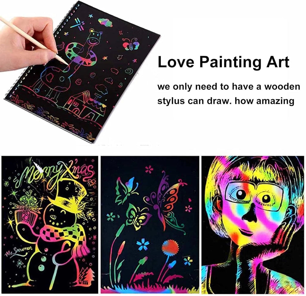 BSHAPPLUS® 4 Pack Rainbow Scratch Art Notebooks,Magic Scratch off Paper Notebook Set for Kids Art and Craft Activity Book Black Sketch Doodle Pads with Drawing Stick for Party Favor Game Gift