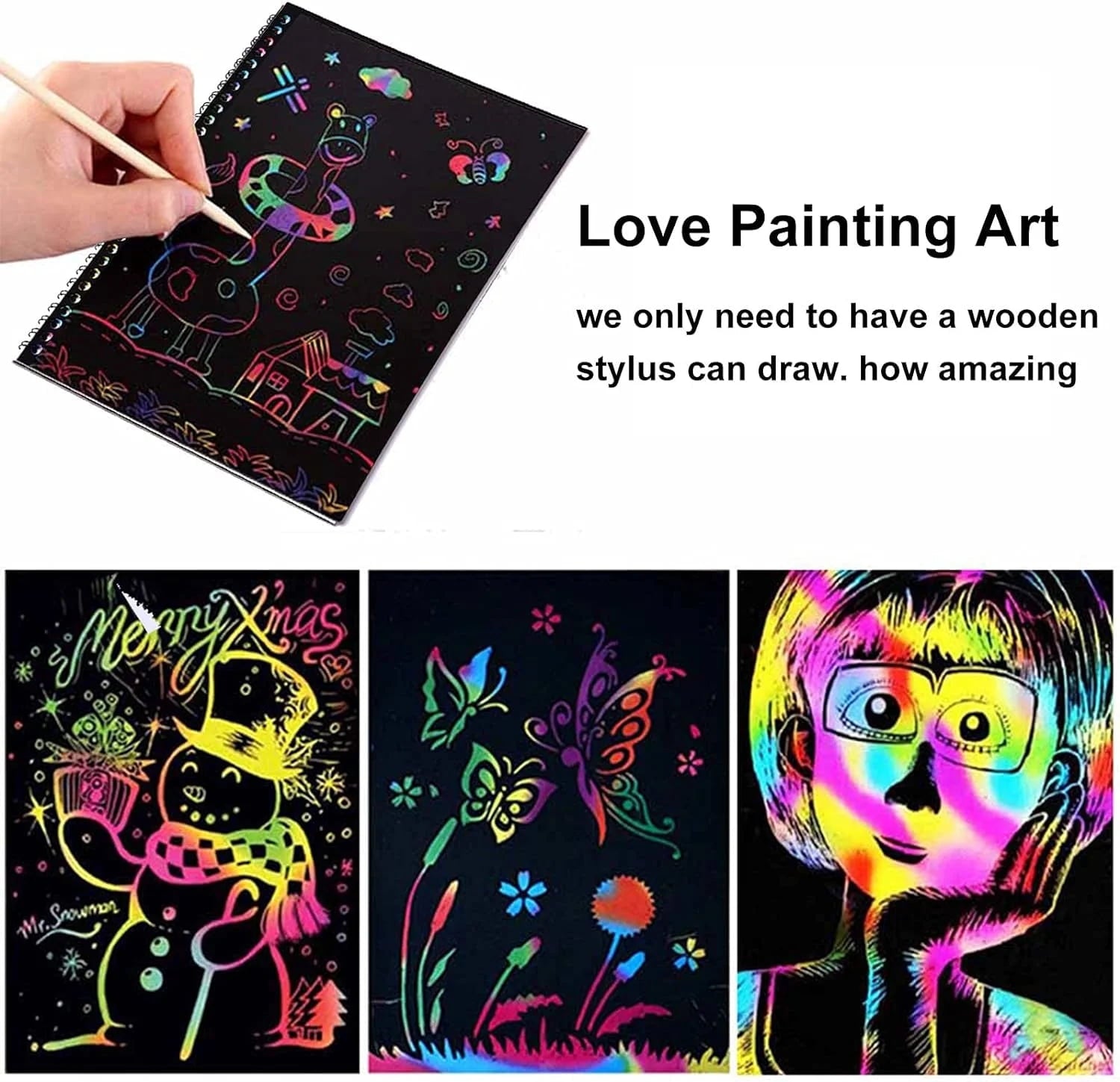 BSHAPPLUS® 4 Pack Rainbow Scratch Art Notebooks,Magic Scratch off Paper Notebook Set for Kids Art and Craft Activity Book Black Sketch Doodle Pads with Drawing Stick for Party Favor Game Gift