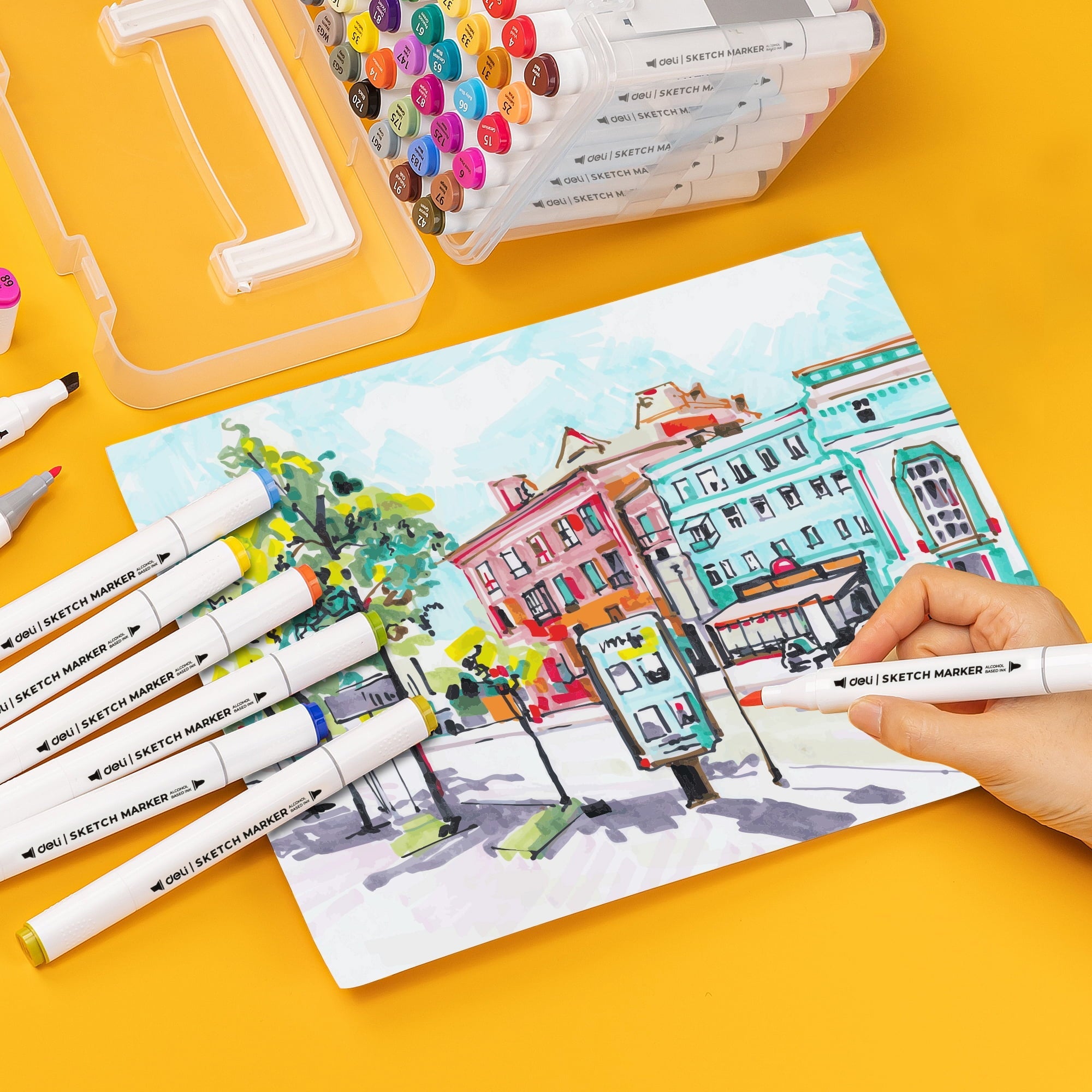 Deli 60 Colors Dual Tip Permanent Markers, Art Alcohol Markers Set Art Supplies with Storage Box