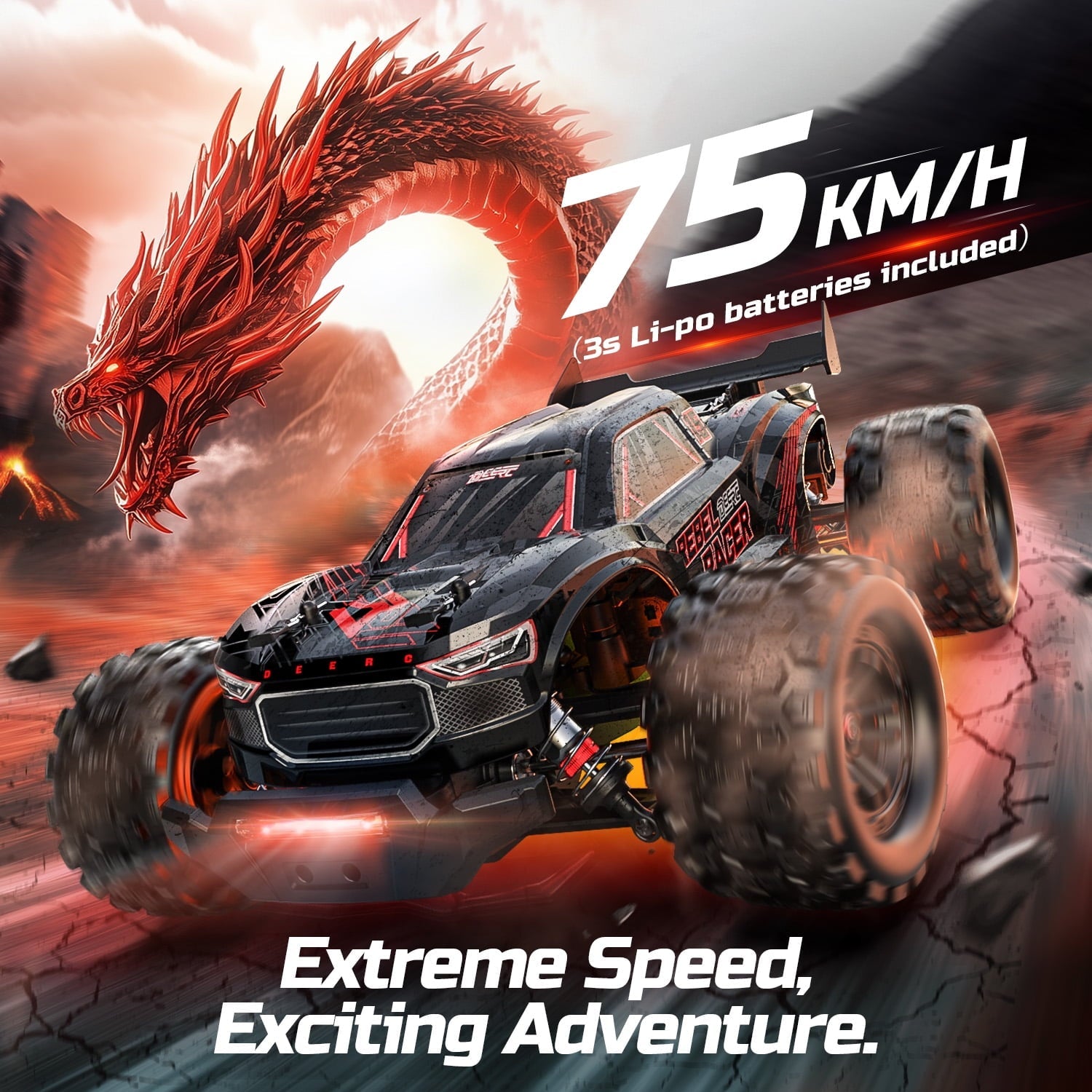 DEERC 1:14 Fast Brushless RC Car for Adults, Max 46+ mph Off-Road Truck, 2 * 3S Lipo 4WD Waterproof, 7 Lighting Modes High Speed Remote Control, All Terrain Truggy for Snow, Sand & Mud