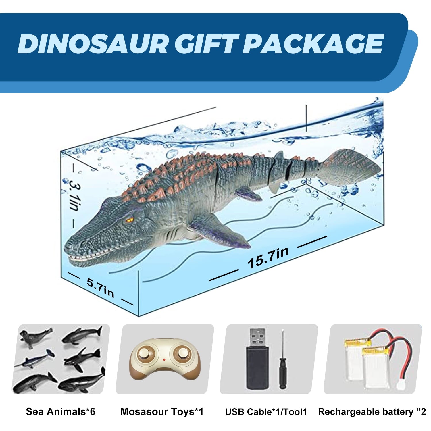 Adofi Remote Control Mosasaurus Dinosaur Toys for Kids, RC Boat Diving Dinosaurs Toys