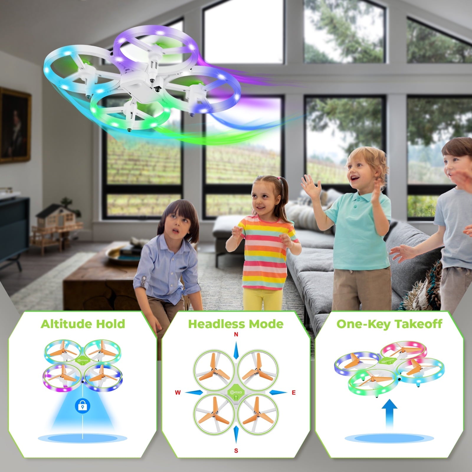 Contixo Dragonfly Mini Drone for Kids, Auto Takeoff, Altitude Hold, 360° Stunts, LED Lights, 16-Min Flight - Green