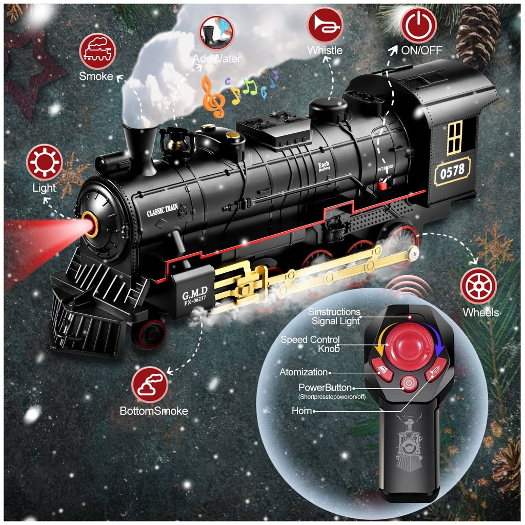 Adoonk Remote Control Train Set , with Steam Engine Realistic Smoke Sounds Lights 21-Piece ,Train Toy Gifts for Kids Ages 4-8