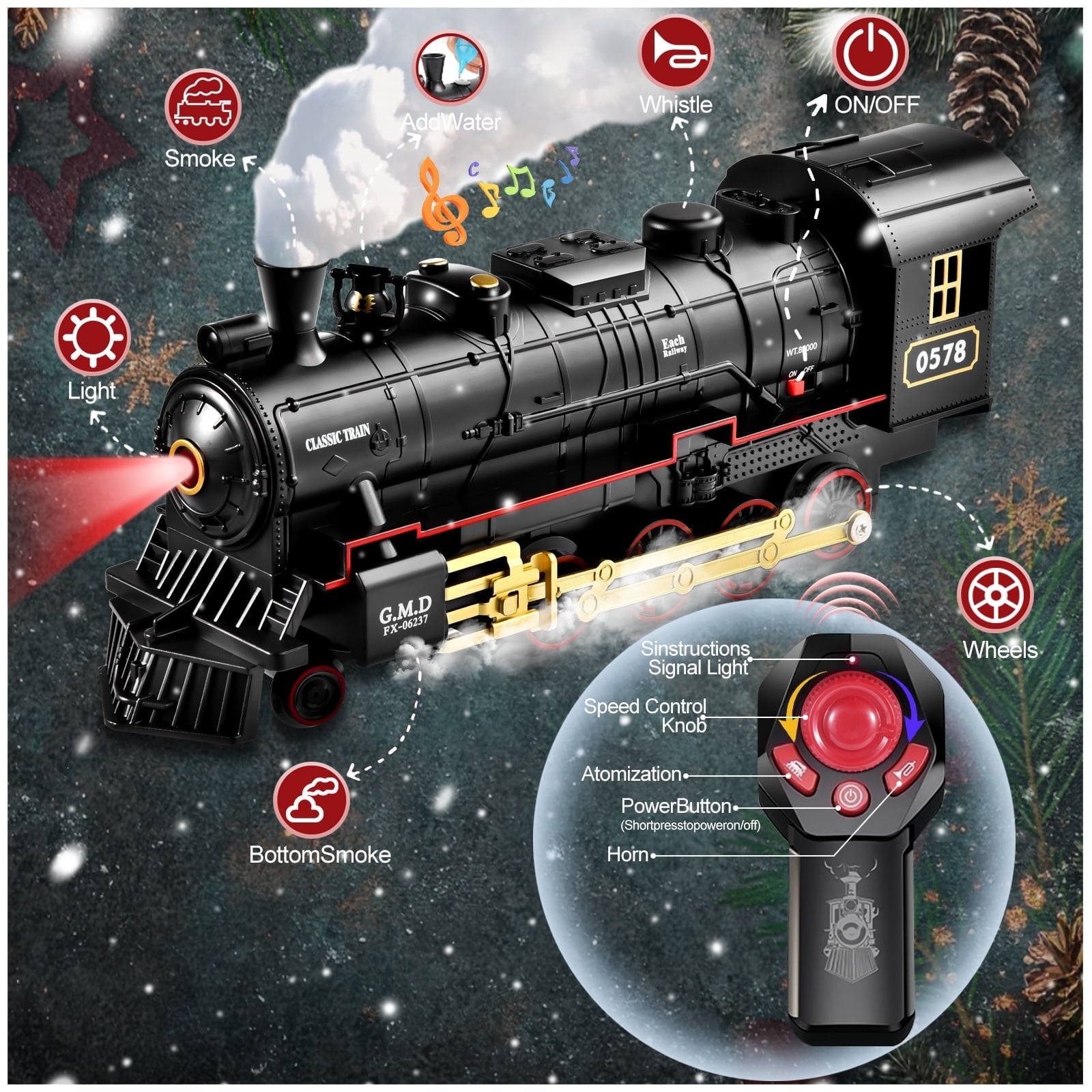 Adoonk Remote Control Train Set , with Steam Engine Realistic Smoke Sounds Lights 21-Piece ,Train Toy Gifts for Kids Ages 4-8