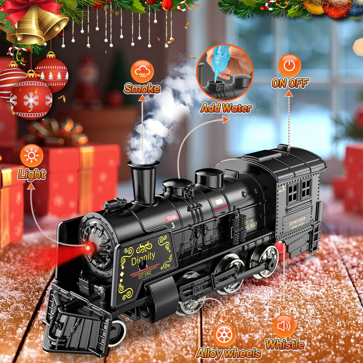 Beefunni Christmas Train Set, Boys Battery Operated Metal Alloy Electric Train Toys with Smoke, Sounds & Lights, Christmas Gifts for Kids 3-12 Years Old