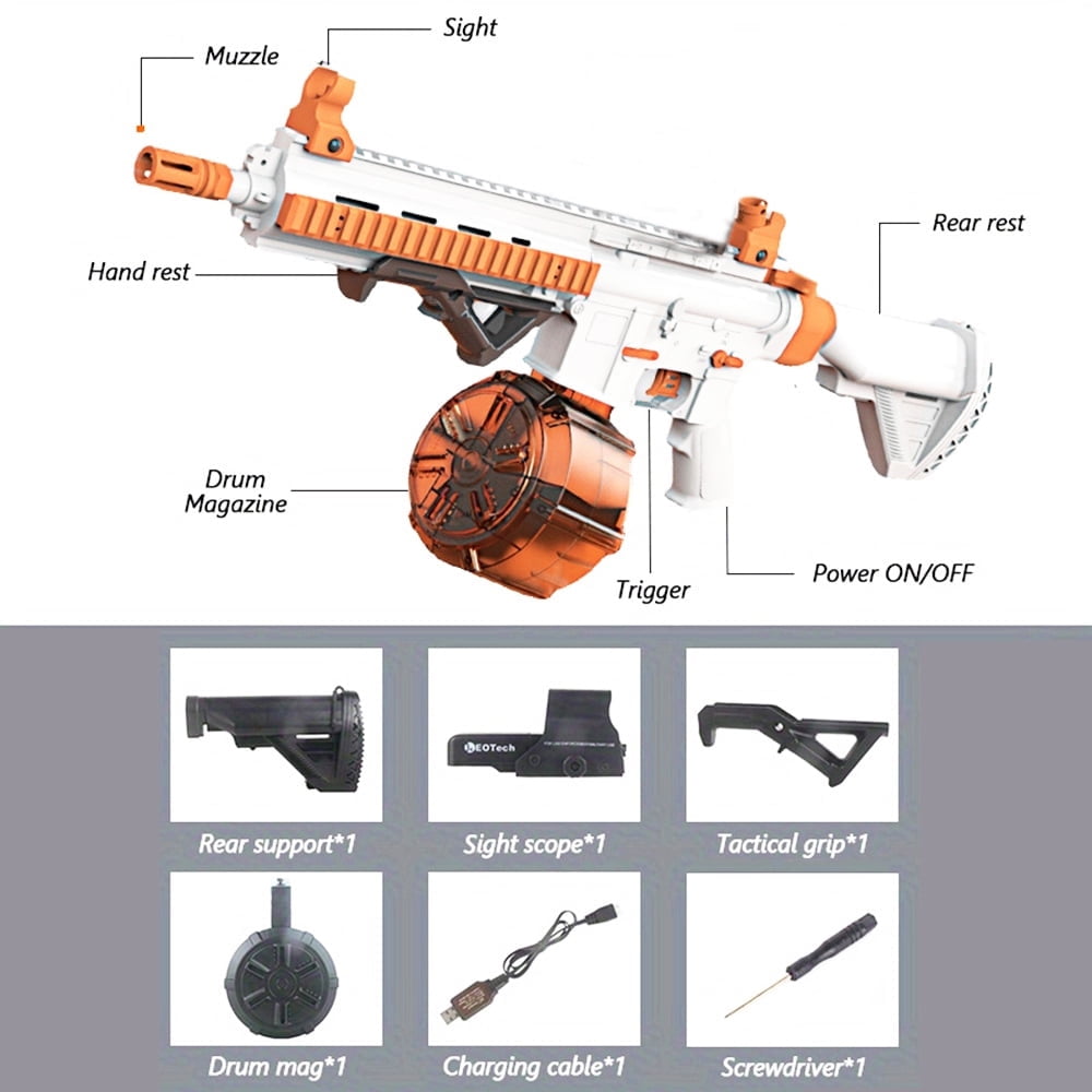 30-Inch Electric Gel Ball Blaster – Full Auto Splatter Blaster, 10 Rounds/Second, 1000+ Capacity Drum, Adjustable Stock SBL-14A-Orange