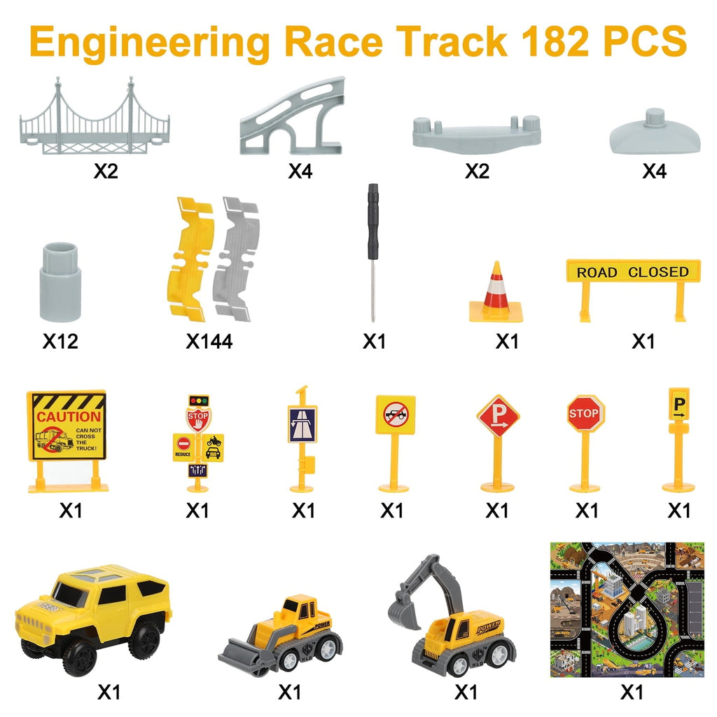 Anpro 180PCS Construction Toys Race Track Set for Kids, DIY Flexible Track Playset with Engineering Cars and Playmat, Create a Engineering Road Games Gift Toys for Age 3+ Boys