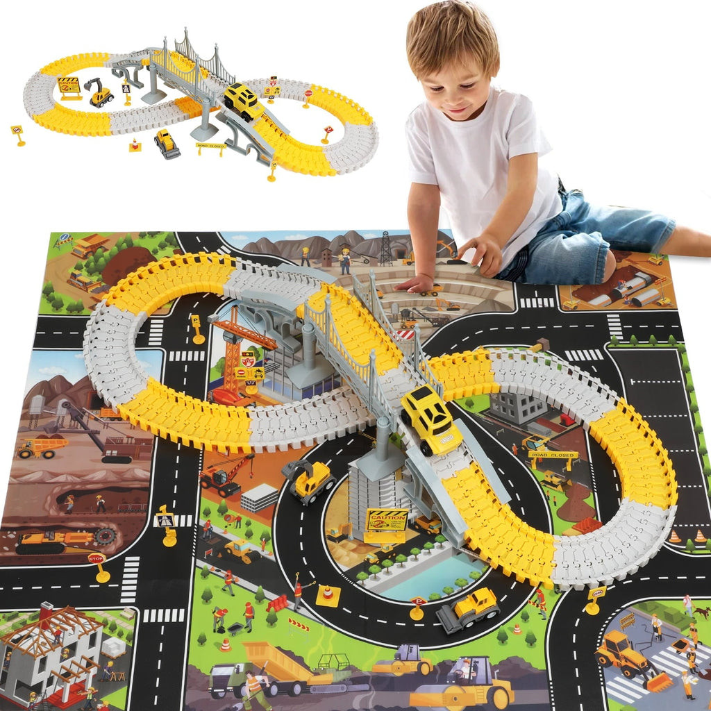 Anpro 180PCS Construction Toys Race Track Set for Kids, DIY Flexible Track Playset with Engineering Cars and Playmat, Create a Engineering Road Games Gift Toys for Age 3+ Boys