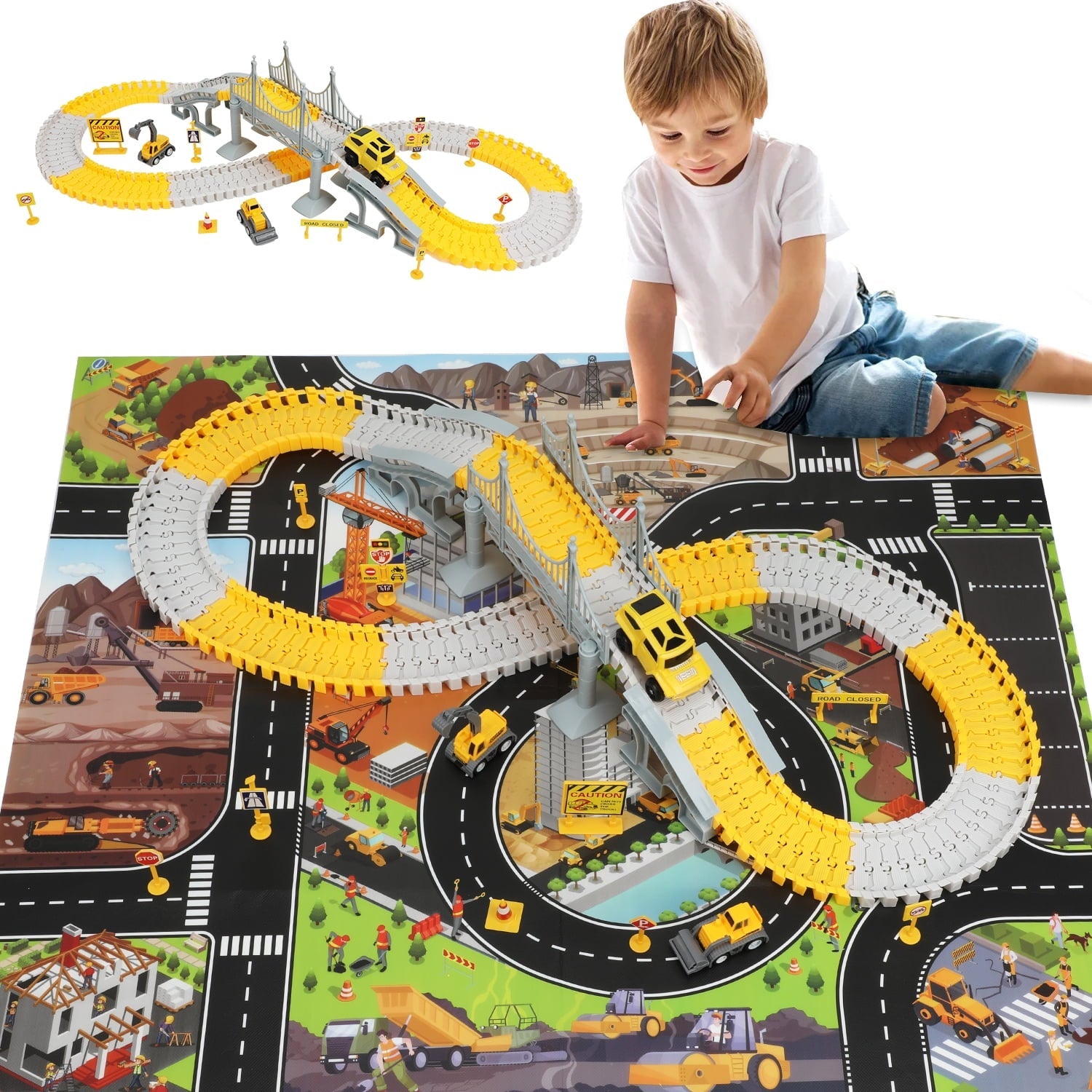 Anpro 180PCS Construction Toys Race Track Set for Kids, DIY Flexible Track Playset with Engineering Cars and Playmat, Create a Engineering Road Games Gift Toys for Age 3+ Boys