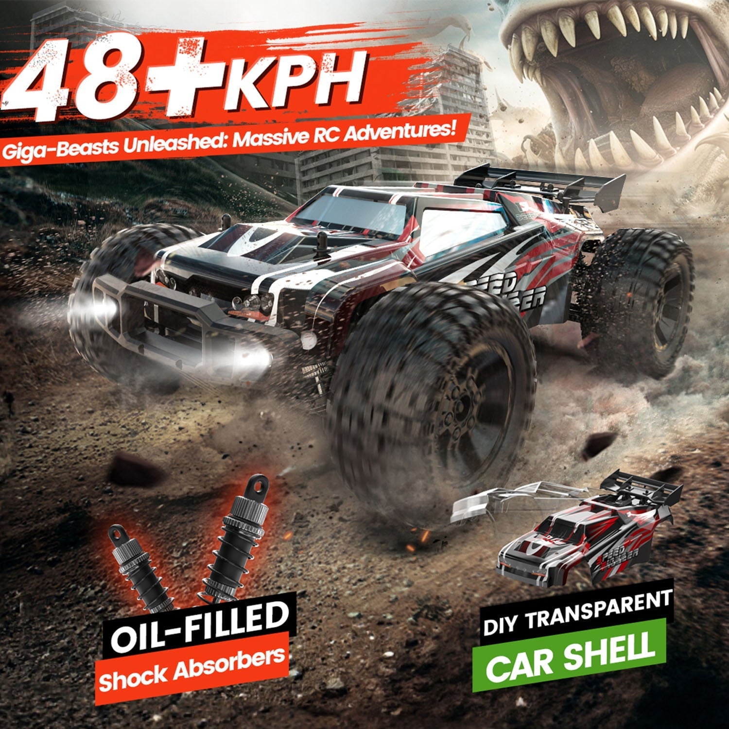 DEERC 9206E 1:10 Scale RC Cars, 48+ KM/H Hobby Grade High Speed Remote Control Car for Adults Boys, All Terrain 4WD 2.4GHz RC Monster Truck with 2 Battery for 40+ Min Play